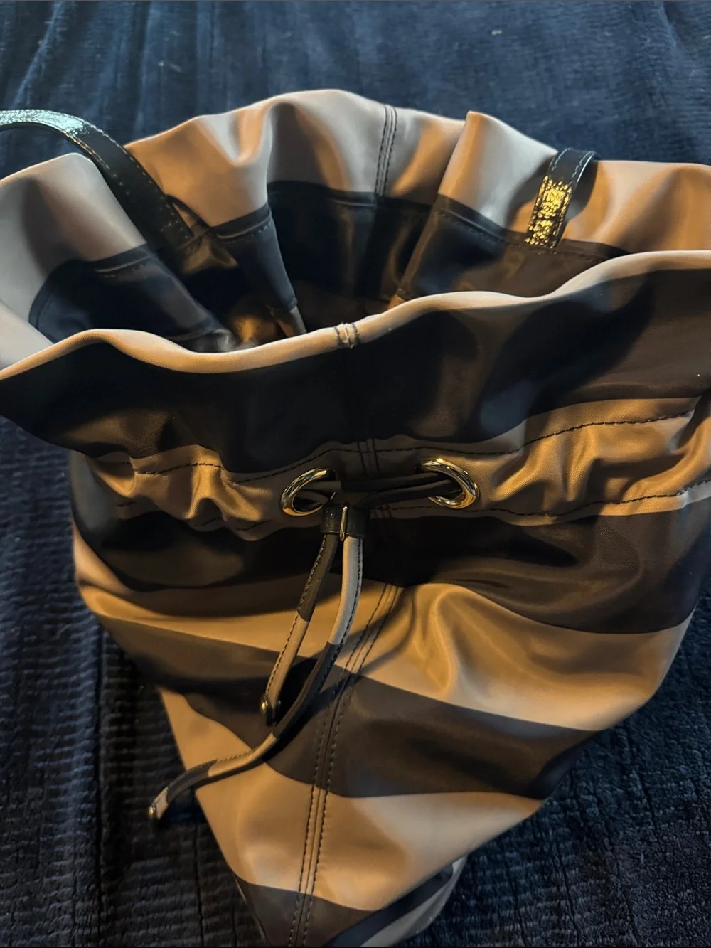 kate spade Black and Cream Striped Drawstring Shoulder Bag